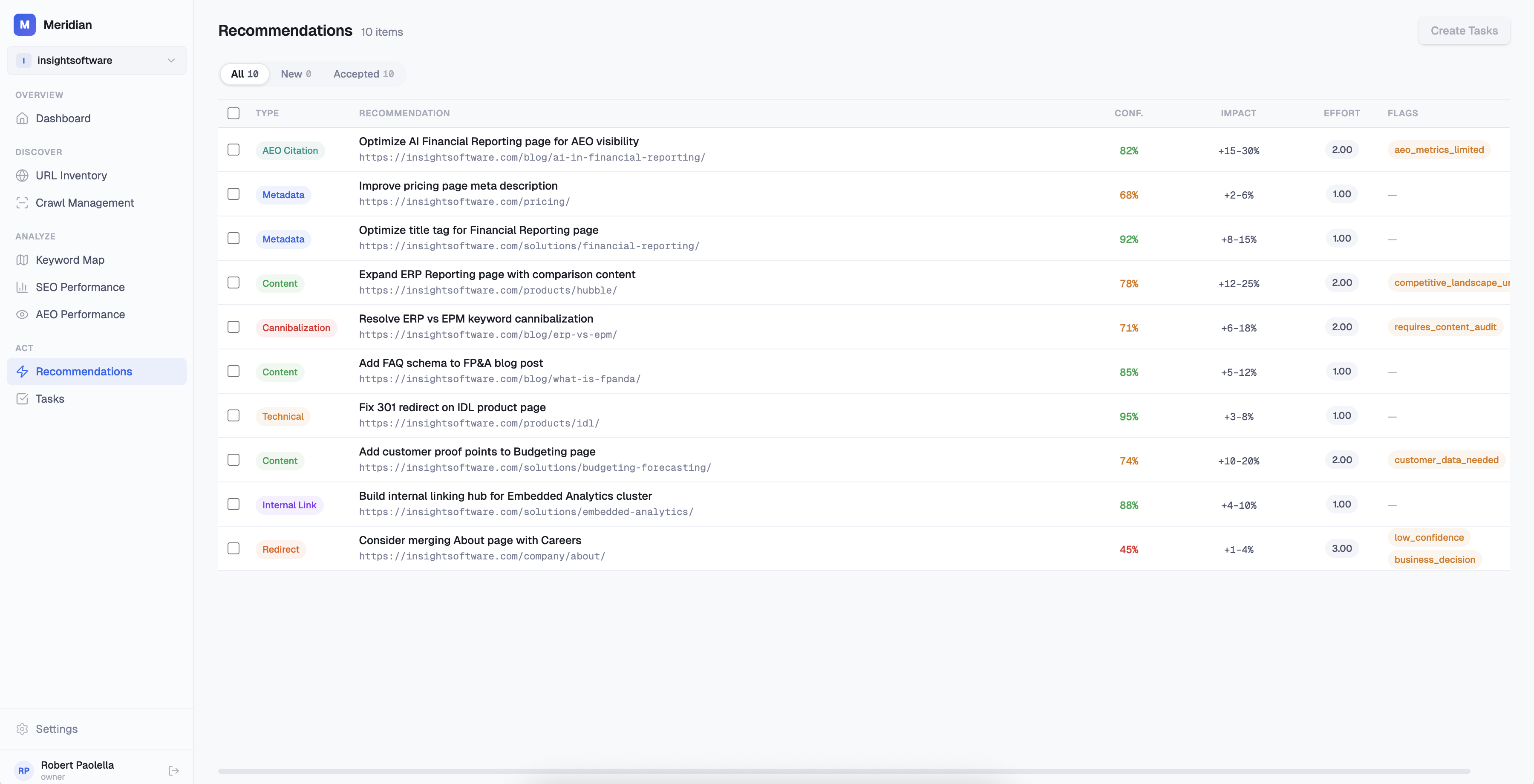 Meridian recommendations screenshot